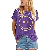 ReachMe Womens Summer Cute Smile Face T-Shirts Trendy Vintage Graphic Tops Casual Loose Short Sleeve Tee Shirts