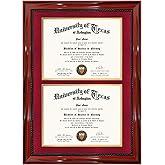 GMFrames Double 8.5x11 Diploma Certificate Frame, Solid Wood with Cherry Lacquer Finish & Intricate Rope Detail,UV Protection Acrylic, Easy-open Backs, Red over Gold Mat