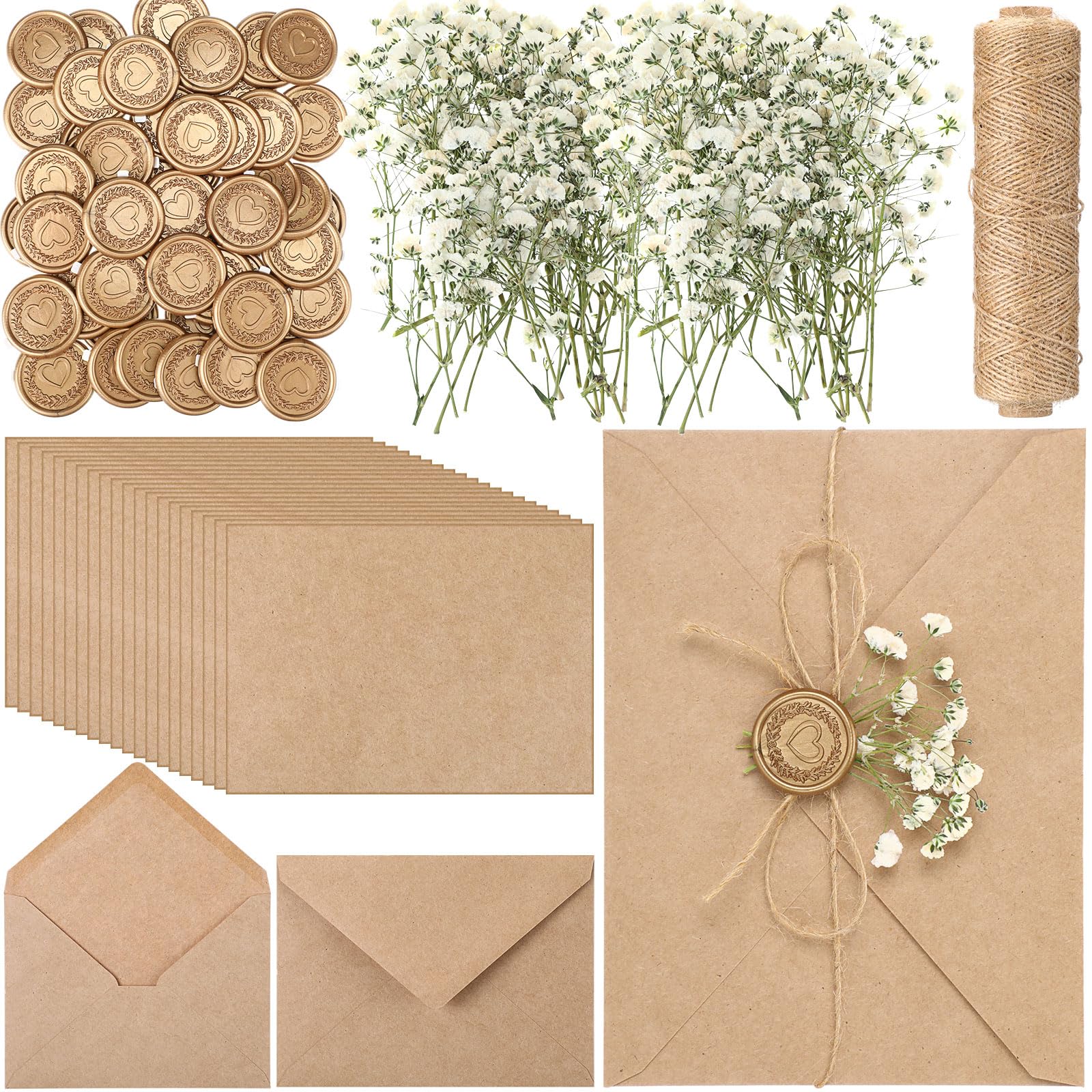 Photo 1 of Dunzoom 50 Sets Wedding Invitations Wraps Set Include Envelopes for 5 x 7 Inch Invitations Self Adhesive Gold Wax Seal Stickers Dried Flowers for DIY Photos Postcards Baby Shower Wedding Party