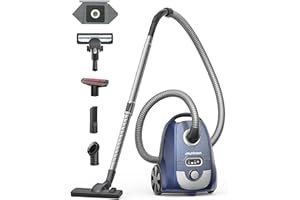 Aspiron Canister Vacuum Cleaner, 1300W Bagged Canister Vacuum, Turbo Brush, 5 Tools, 3.7Qt, H13 HEPA Filter, Automatic Cord Rewind, Vacuum Cleaner for Carpets, Hardwood Floors, Pet Hair, Blue