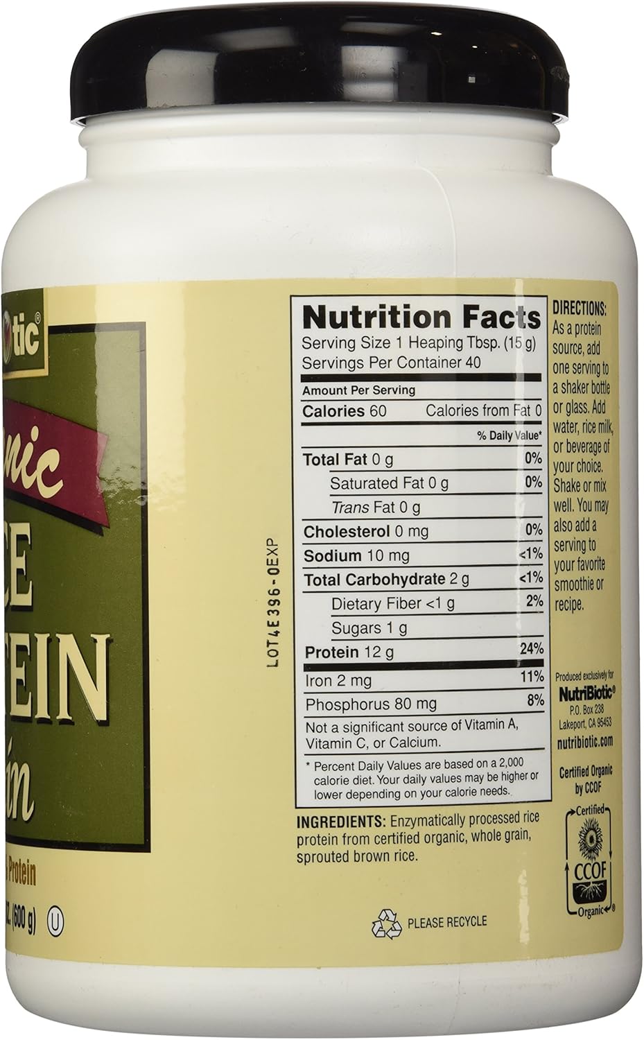 NutriBiotic Certified Organic Rice Protein Plain| 21 Ounce| Low Carbohydrate Vegan Protein Powder |Non-GMO| Gluten Free| Raw| Chemical-free Processing| Certified Kosher Keto Friendly| Easy to Digest: Health & Personal Care
