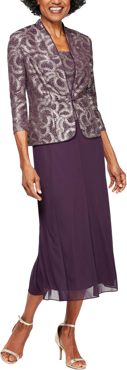 Alex Evenings Women's Tea Length ButtonFront Jacket Dress Special Occasion, Eggplant/Gold, 16