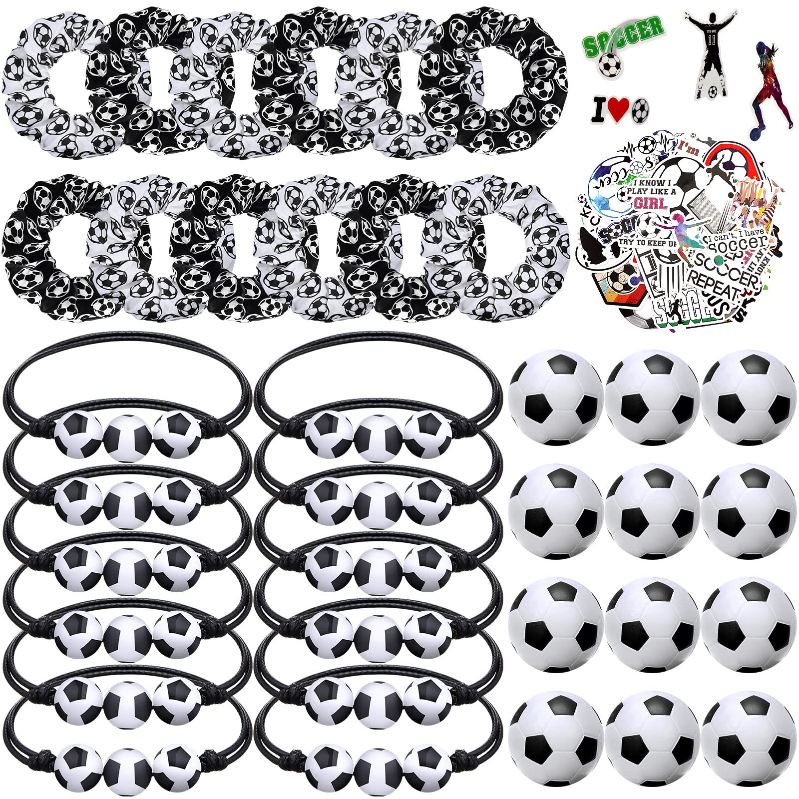 Photo 1 of Hoteam 86 Pcs Soccer Party Favors, 50 Sheets Soccer Stickers, 12 Sports Stress Ball, Mini Foam Ball, 12 Charm Bracelets, 12 Scrunchie sport Gifts for Birthday Party Supplies