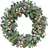 Bibelot 20inch Artificial Eucalyptus Wreath Green Leaves White Berry Big Berries Wreath for Front Door All Seasons Decoration Year Round Decor Home Decor