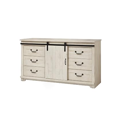 Martin Svensson Home Coastal Farmhouse Solid Wood 9 Drawer Dresser With Sliding Barn Door, Antique White