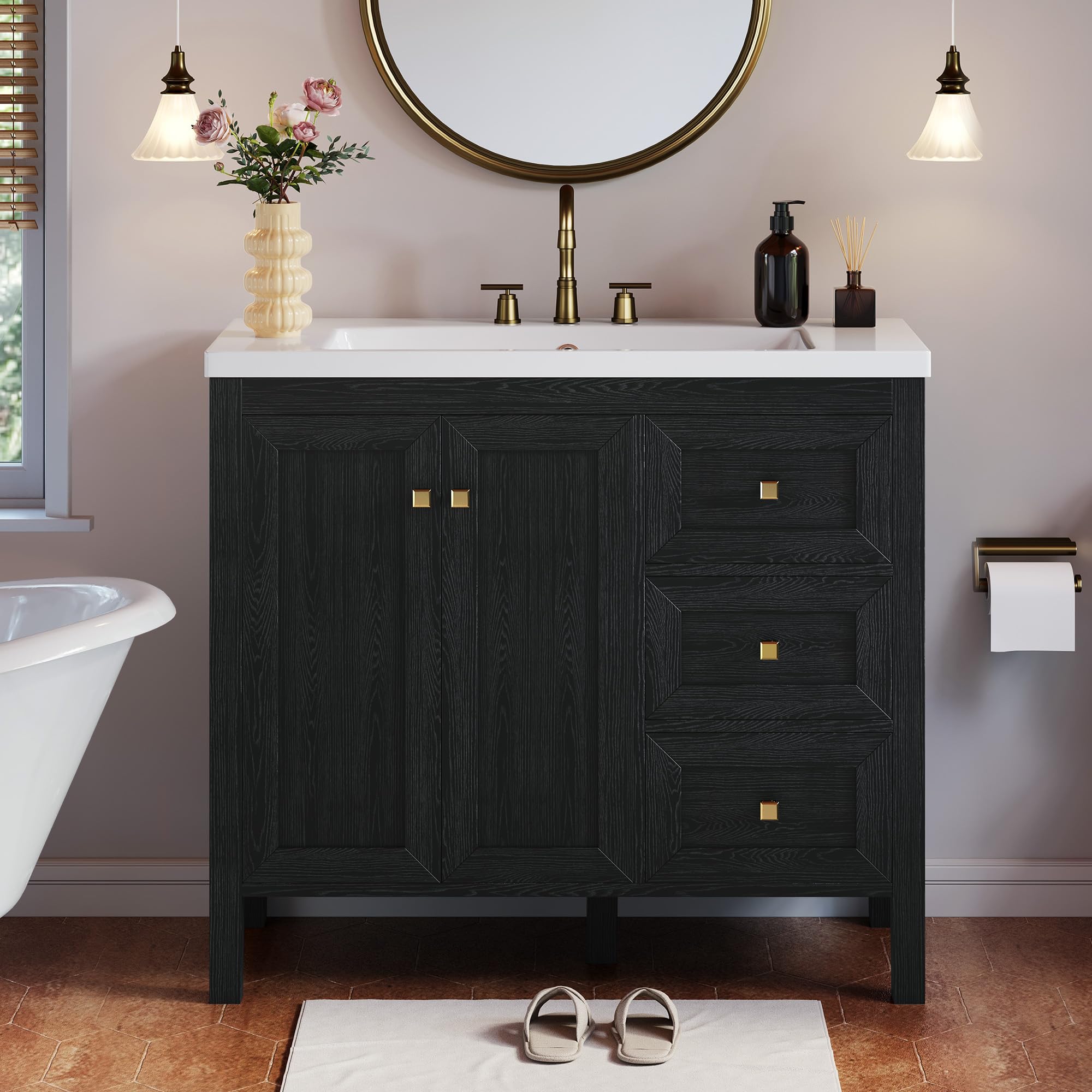 Photo 1 of PALETIZED ITEM< TWO LARGE BOXES, TRAIILER PICKUP YITAHOME 36" Bathroom Vanity with Sink Set, Vintage Bathroom Cabinet Vanity with Resin Basin, Extra Large Storage with 2 Soft-Closing Doors & 3 Drawers, Black