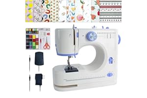 Stoigeld Sewing Machine for Beginners with 20 Pcs Fabric，3 Pcs Prefabricated kits and 32 Pcs Sewing Threads Kit,Portable Sewing Machine with 16 Built-in Stitches, 2 Speed (white and blue)