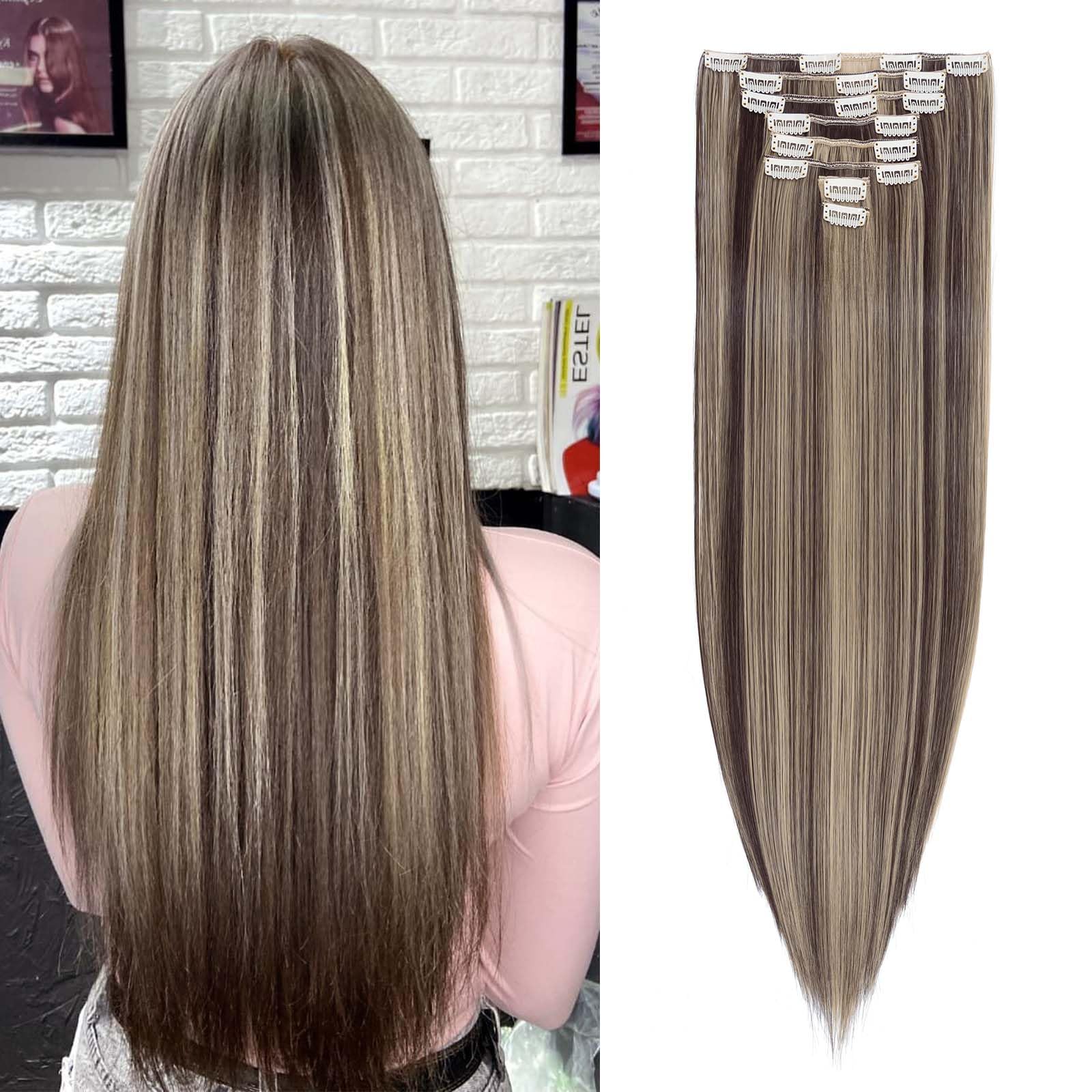 SEGOHAIR Hair Extensions Clip in 8Pcs 18 Clips Synthetic Fiber Seamless, 26" Long Straight Clip in Hair Extensions Full Head - Dark Brown mix Ash Blonde — image 1