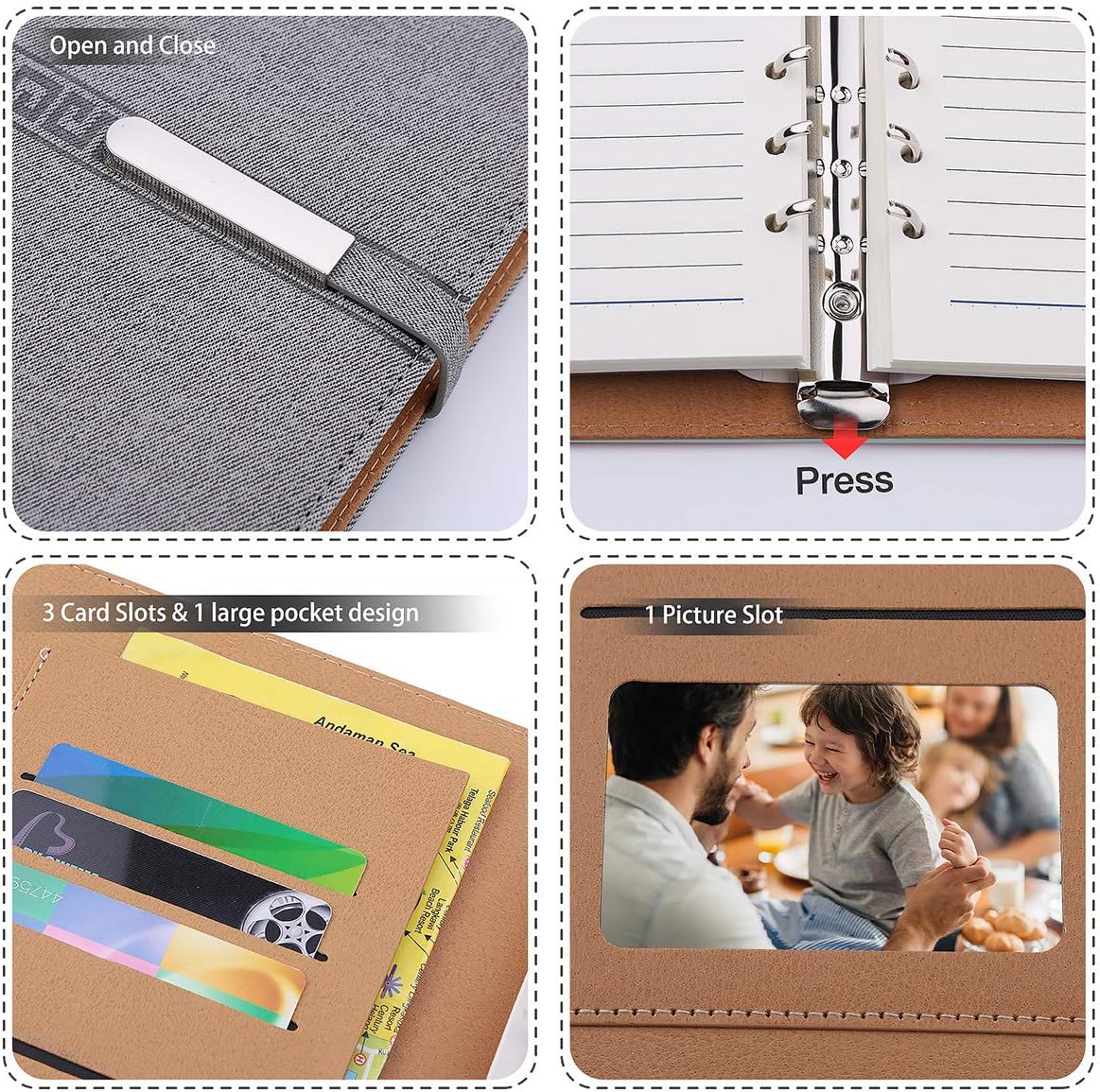 FOBOZONE A5 Lined Notebook, 6 Ring Refillable Hardback Notebook with Pen Holder, 100 Sheets, Writing Pads, Diary, Office Supplies - Image 3