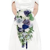 Ciandid Cascading Bridal Bouquet, Dusty Blue &amp; Haze Blue Rose Bouquet for Bride Waterfall Artificial Flowers for Wedding Ceremony Anniversary Bunch Decorations
