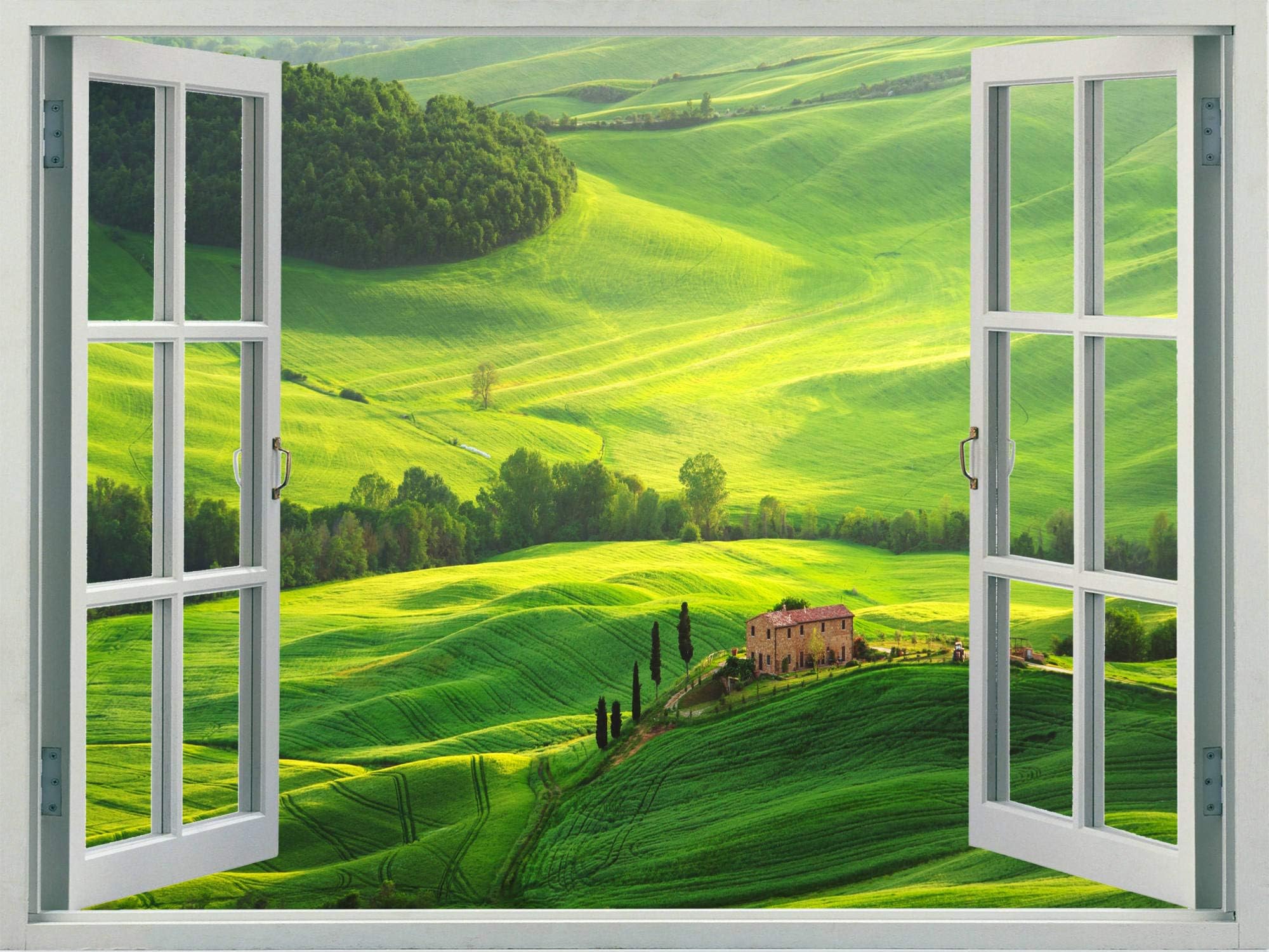 Walls 360 Peel & Stick Faux Window Wall Decal: Tuscan Farm on Green Field (24 in x 18 in)