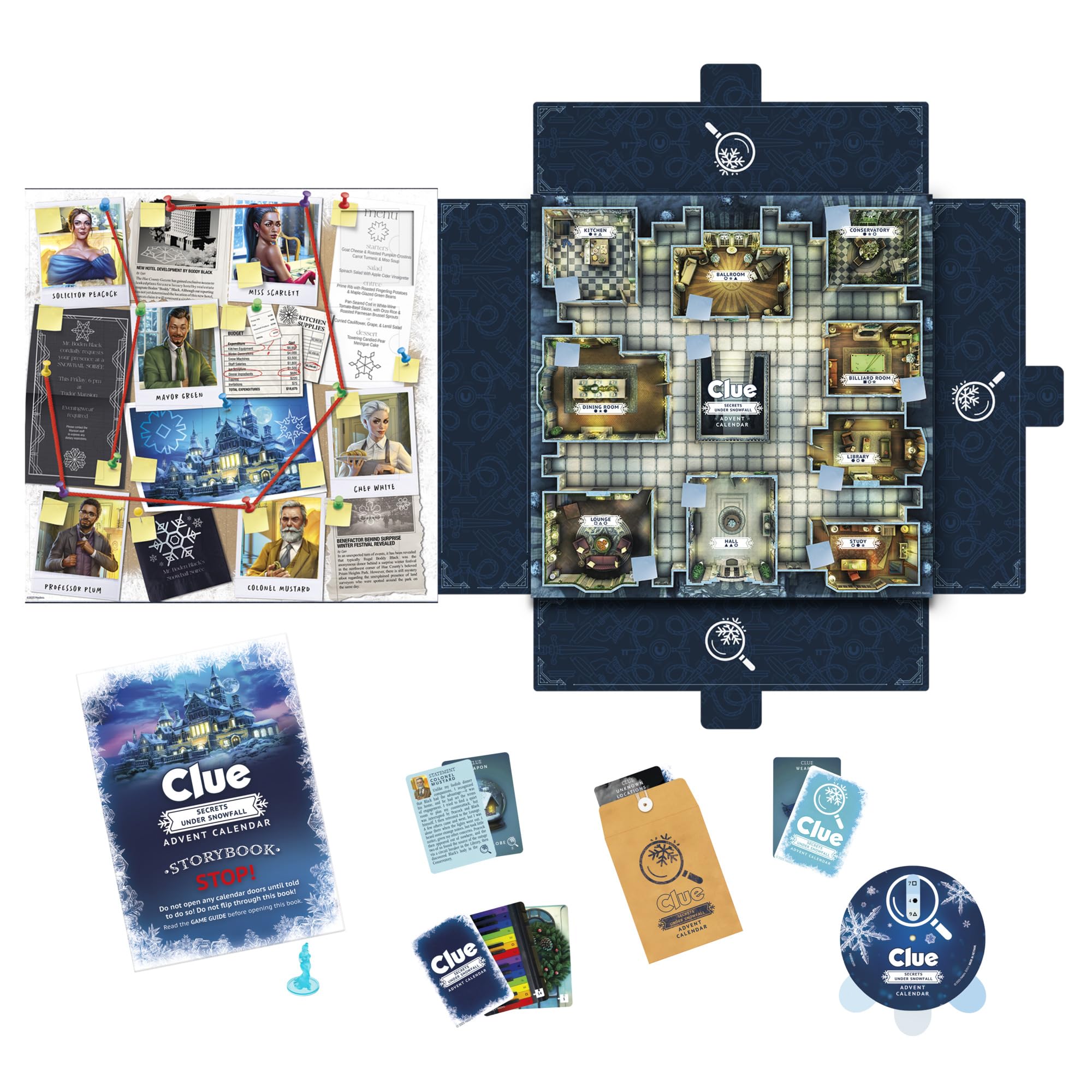 Clue Advent Calendar: Secrets Under Snowfall | 24 Days | Family Mystery Games | with 6 Winter-Themed Tokens and Surprise | Ages 10+ | 1+ Players