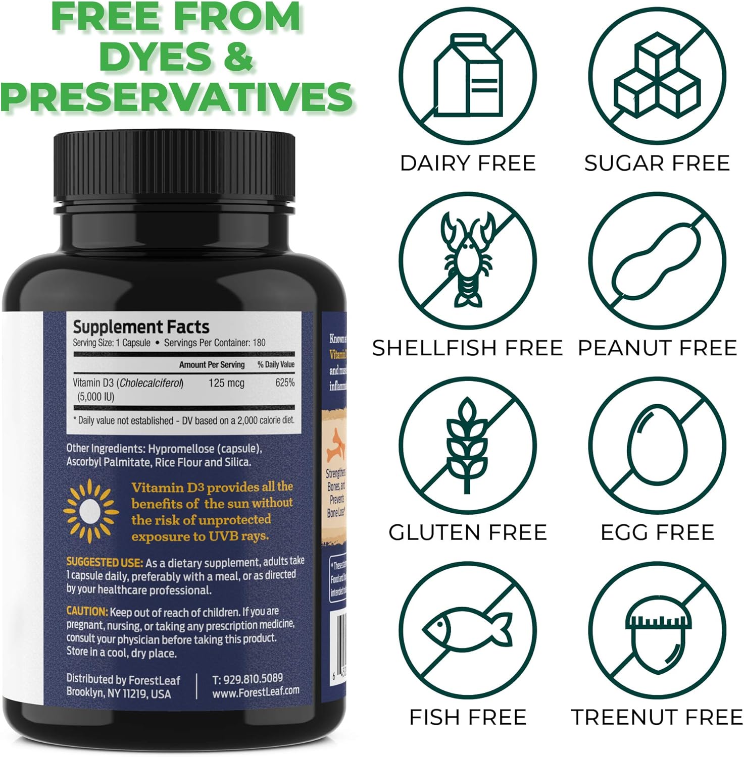 Vitamin D3 5,000 IU Daily Supplement - 180 Vegetable Capsules - by ForestLeaf: Health & Personal Care