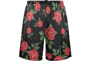 Joisal Red Roses Black Men's Pajama Shorts Workout Sport Lounge Sleep Shorts Pj Big and Tall