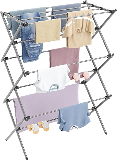 HOMIDEC 3-Tier Clothes Airer Grey, Durable Steel, Folding Design