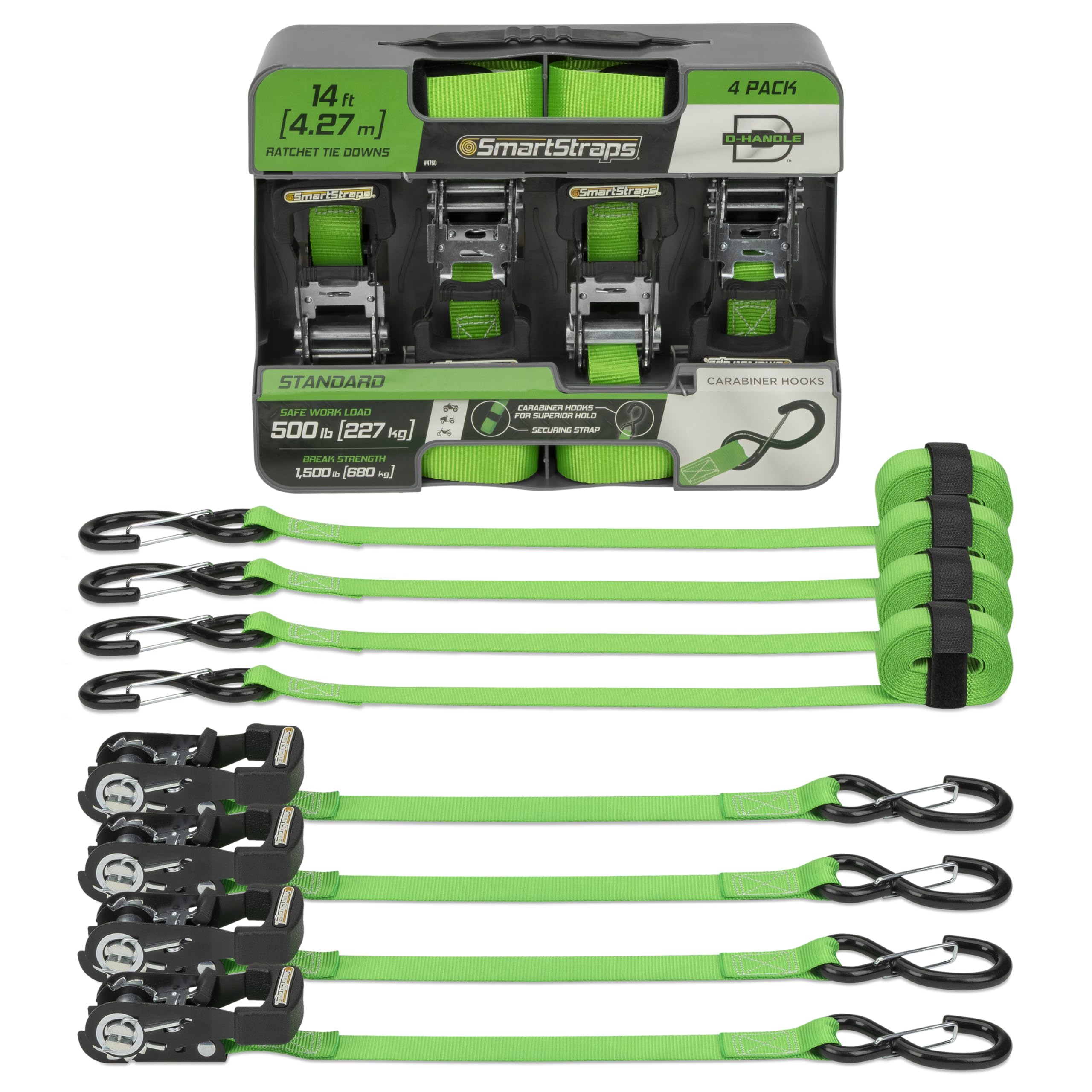 SmartStraps 14’ Padded Ratchet Tie Down, 4 Pack — Standard Duty Tie-Down Straps — 1,500lb Break Strength, 500lb Safe Work Load — Haul Dirt Bikes, ATVs, and Mowers