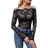 winkbay Women's Lace Off The Shoulder Tops Sheer Long Sleeve Fitted Evening Blouses Going Out Outfits