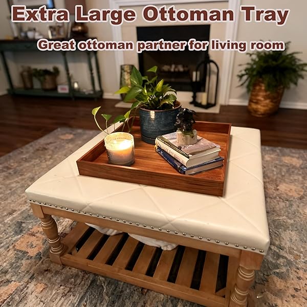 SERVING TRAY WITH HANDLES, 20 INCH LARGE SQUARE OTTOMAN TRAY ACACIA WOOD DECORATIVE TRAY FOR LIVING ROOM, OTTOMAN COFFEE TABLE, KITCHEN, APPETIZERS, BREAKFAST, PATIO, PARTY