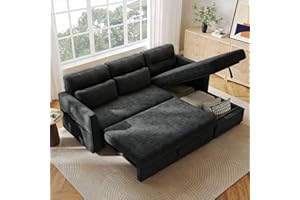 AMADA HOMEFURNISHING Amada Sectional Sofa Bed with Reversible Storage Chaise, Pull Out Couch Bed Convertible Cloud Chenille Couch with USB Charging & Side Pockets, L Shaped Modular Couches for Living Room Apartment