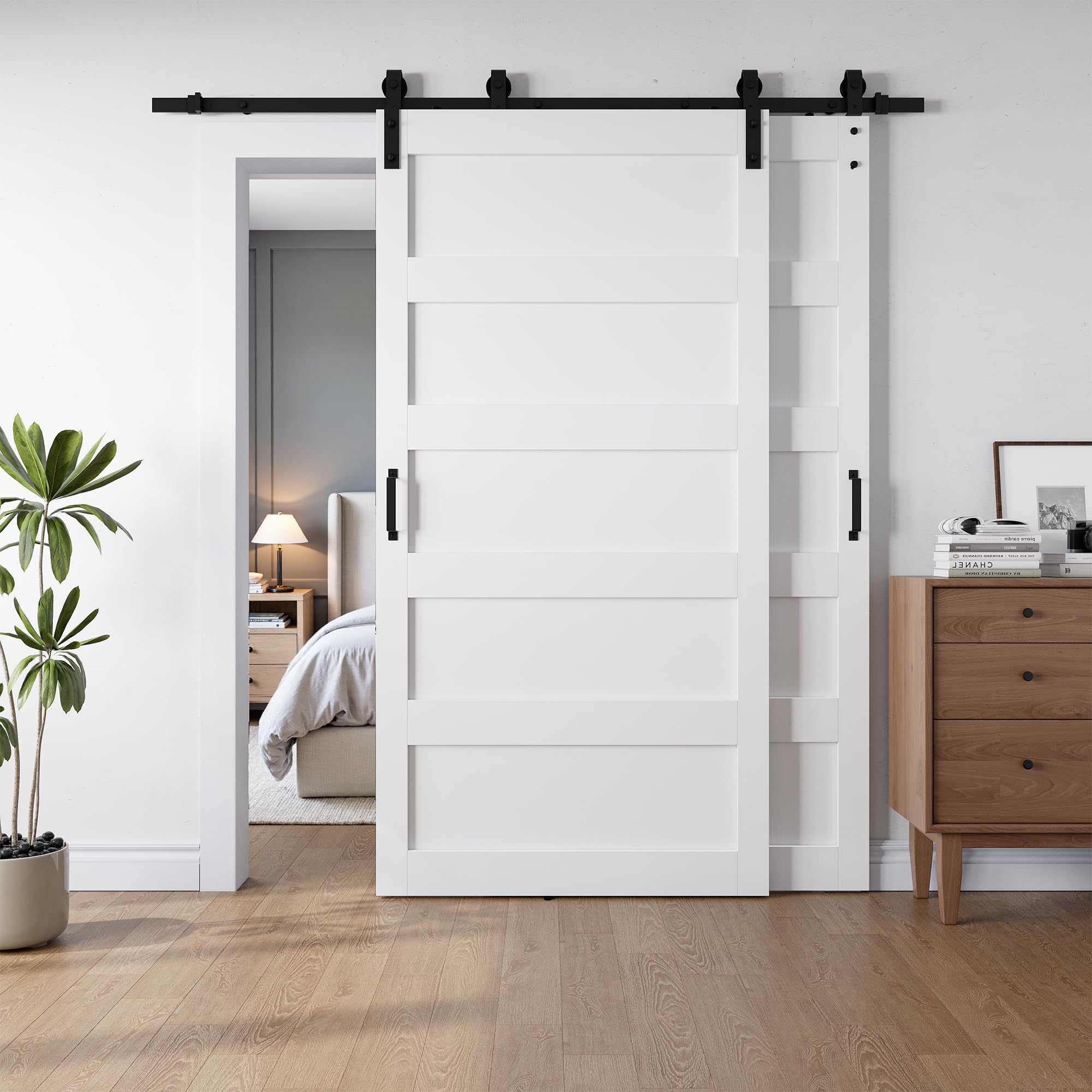 Photo 1 of ***Selling for Parts Only***Smart Standard 42x84 Inch White Double Barn Door Set – 5-Panel MDF Sliding Doors with 6FT Bypass Barn Door Hardware Kit, Space-Saving Design, Easy Installation (Pre-Drilled Holes)