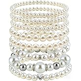GIYAWA 8pcs Faux Pearl Bracelets for Women, Stackable Stretchy Bridal Jewelry Set, Elastic Layered Bracelets for Wedding Bridesmaid Party Prom Christmas