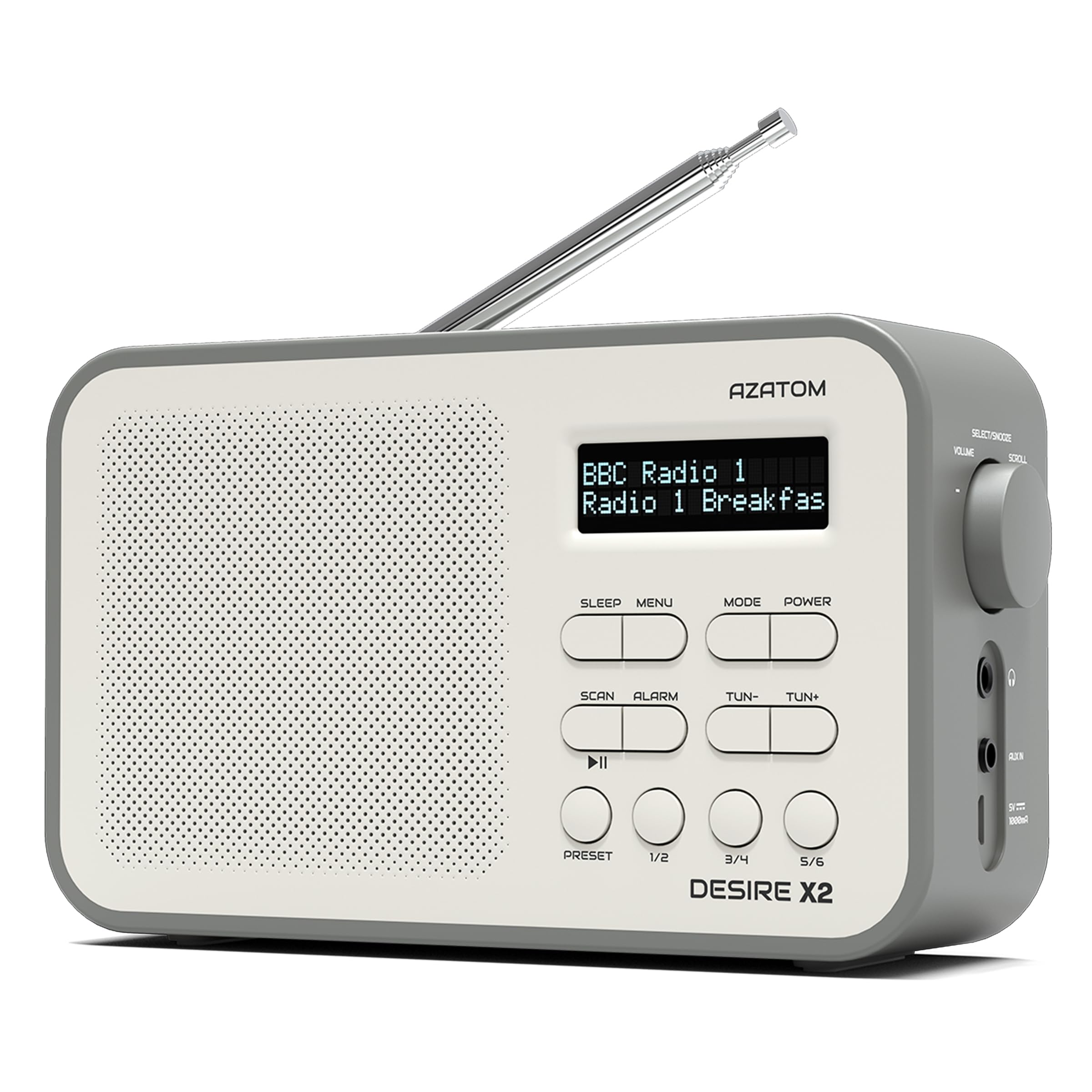 DAB/DAB+ & FM Portable Digital Radio | Simple Controls | Dual Alarms & Sleep Timer | Battery & Mains Powered (4x”AA”) | Bluetooth | Perfect for Home, Office or Outdoors | AZATOM Desire X2 (Grey)