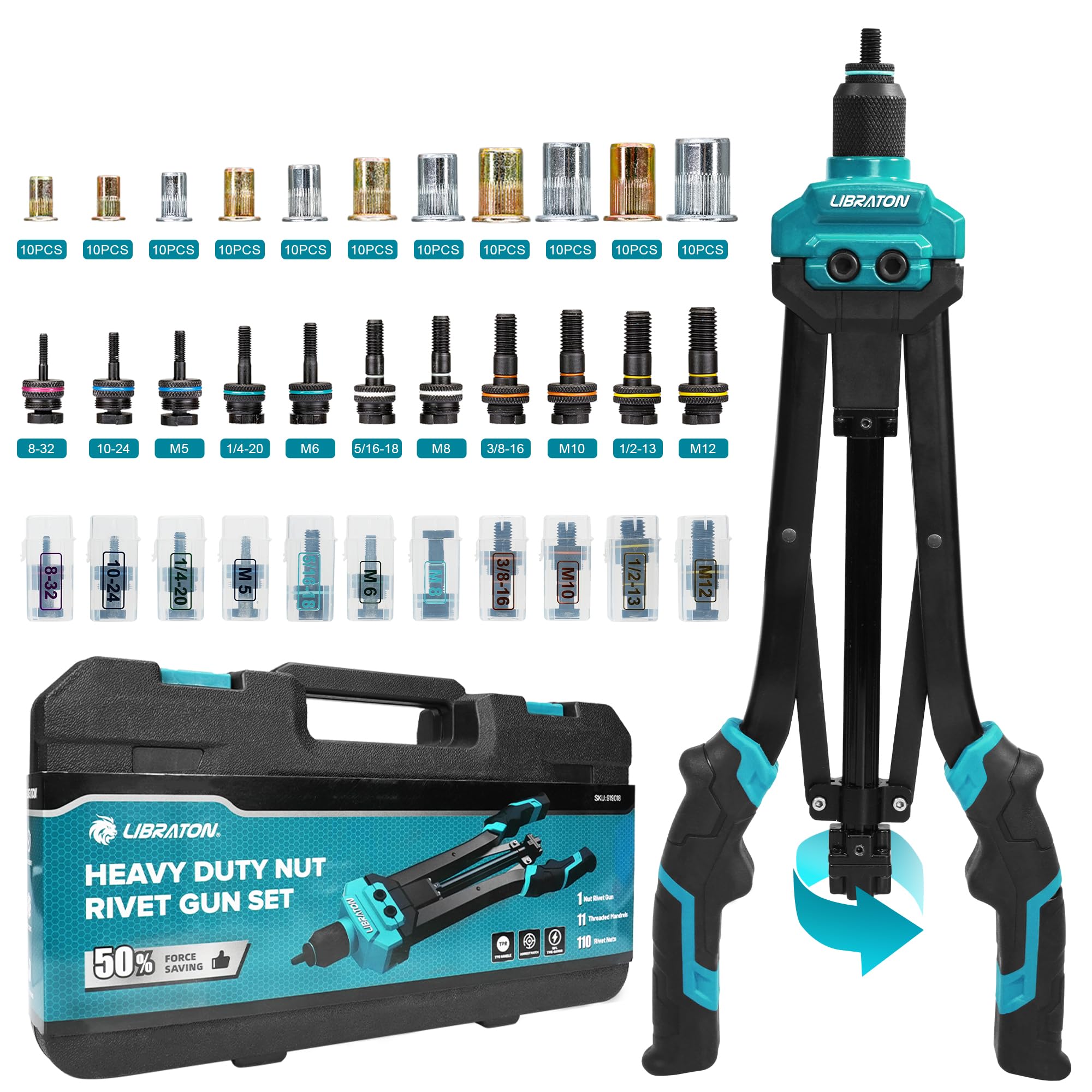 Photo 1 of LIBRATON Rivet Nut Tool, 16" Rivnut Tool Kit, Hand Rivet Nut Tool kit with 11PCS Metric & SAE Interchangeable Mandrels, 110PCS Rivet Nuts, Carrying Case, Auto Release Nut Design