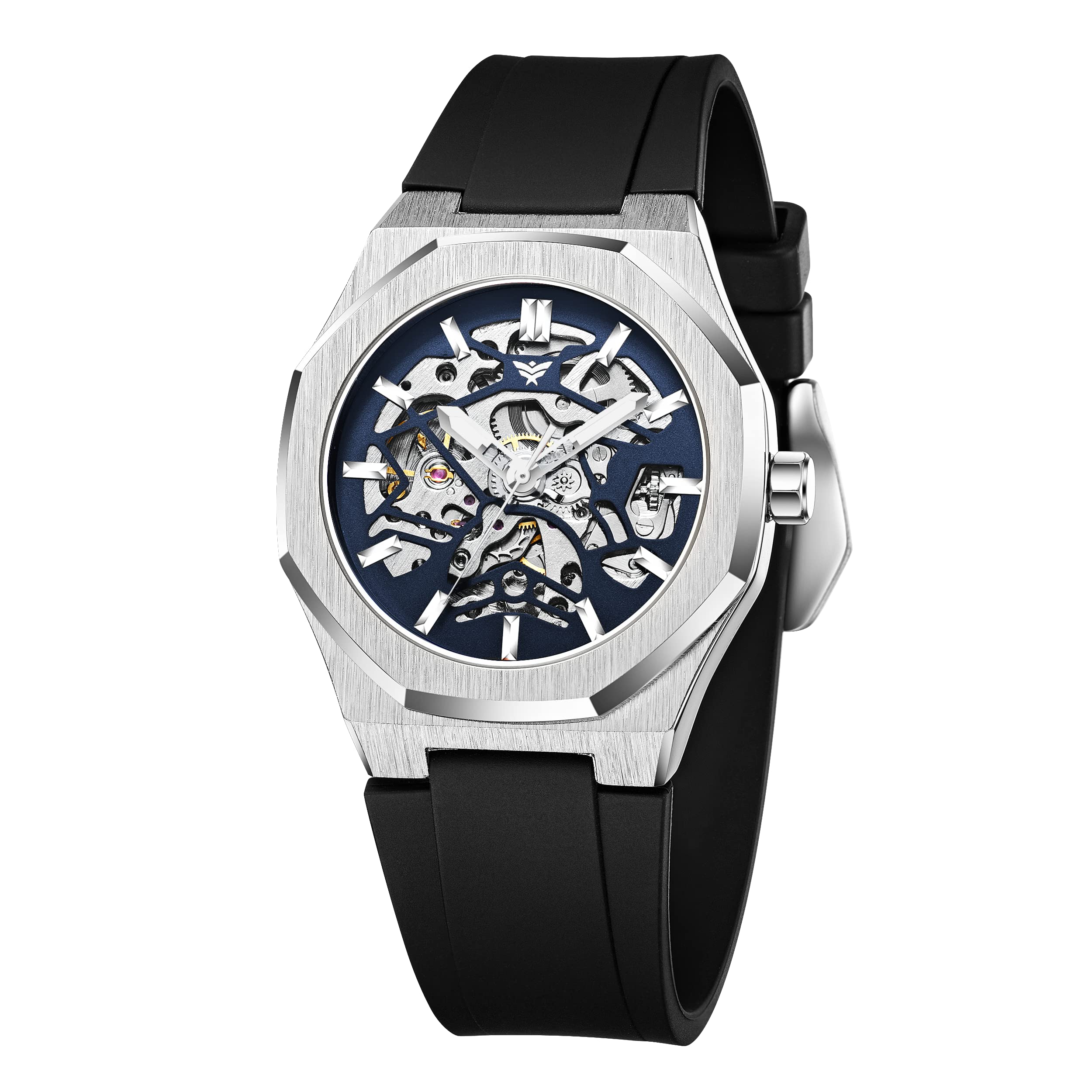 ALTURA Onyx Skeleton Automatic Watch Mechanical Analog Wrist Watch For Men 42mm Octagonal Case With Silicone Band Self-Wind Business Watch (AT1120-B-Blk-Slv-Blu) Black Dial & Black Colored Strap