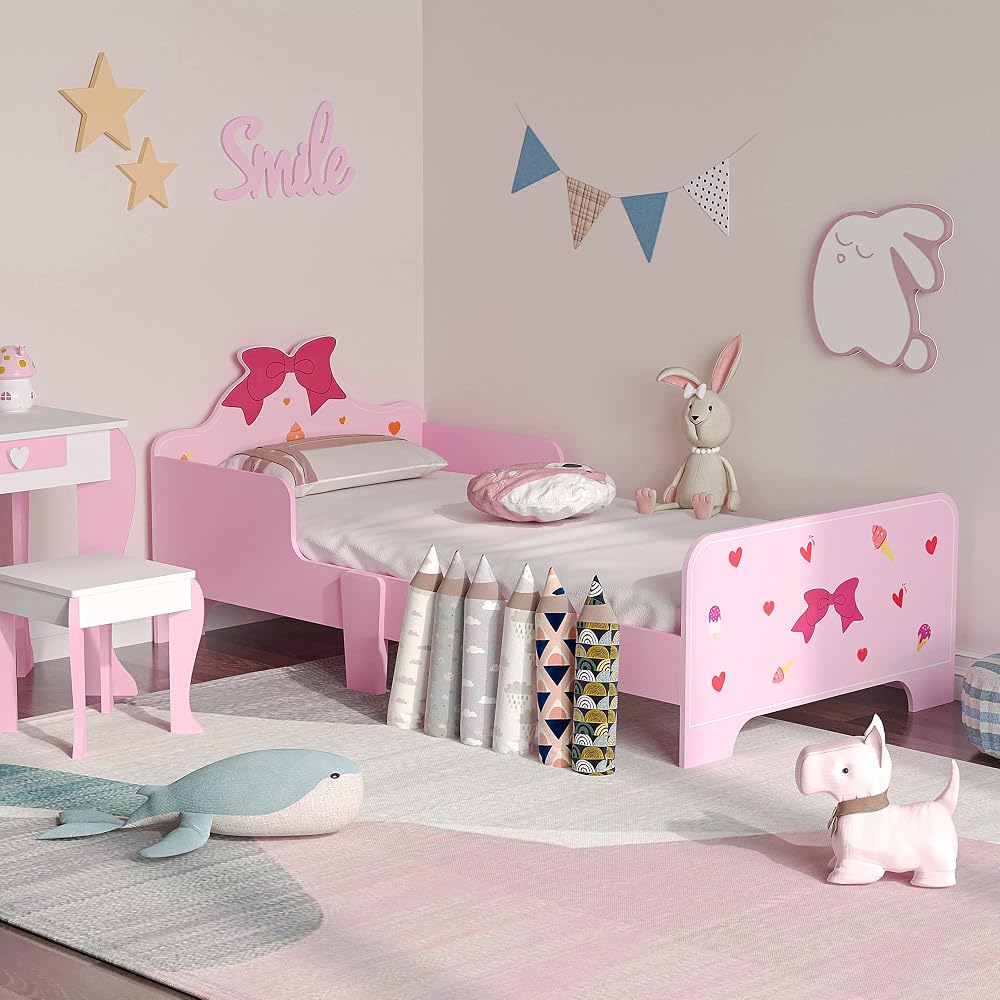 ZONEKIZ Pink Kids Toddler Bed with Safety Rails 143 x 74 x 59cm