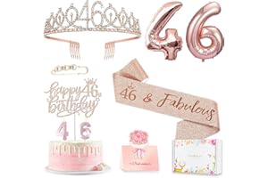AWFRKY 46th Birthday Decorations for Her Women, Including 46 year old Birthday Cake Topper, Queen Sash with Pearl Pin, Sweet Rhinestone Tiara Crown, Number Candles and Balloons Set, Rose Gold