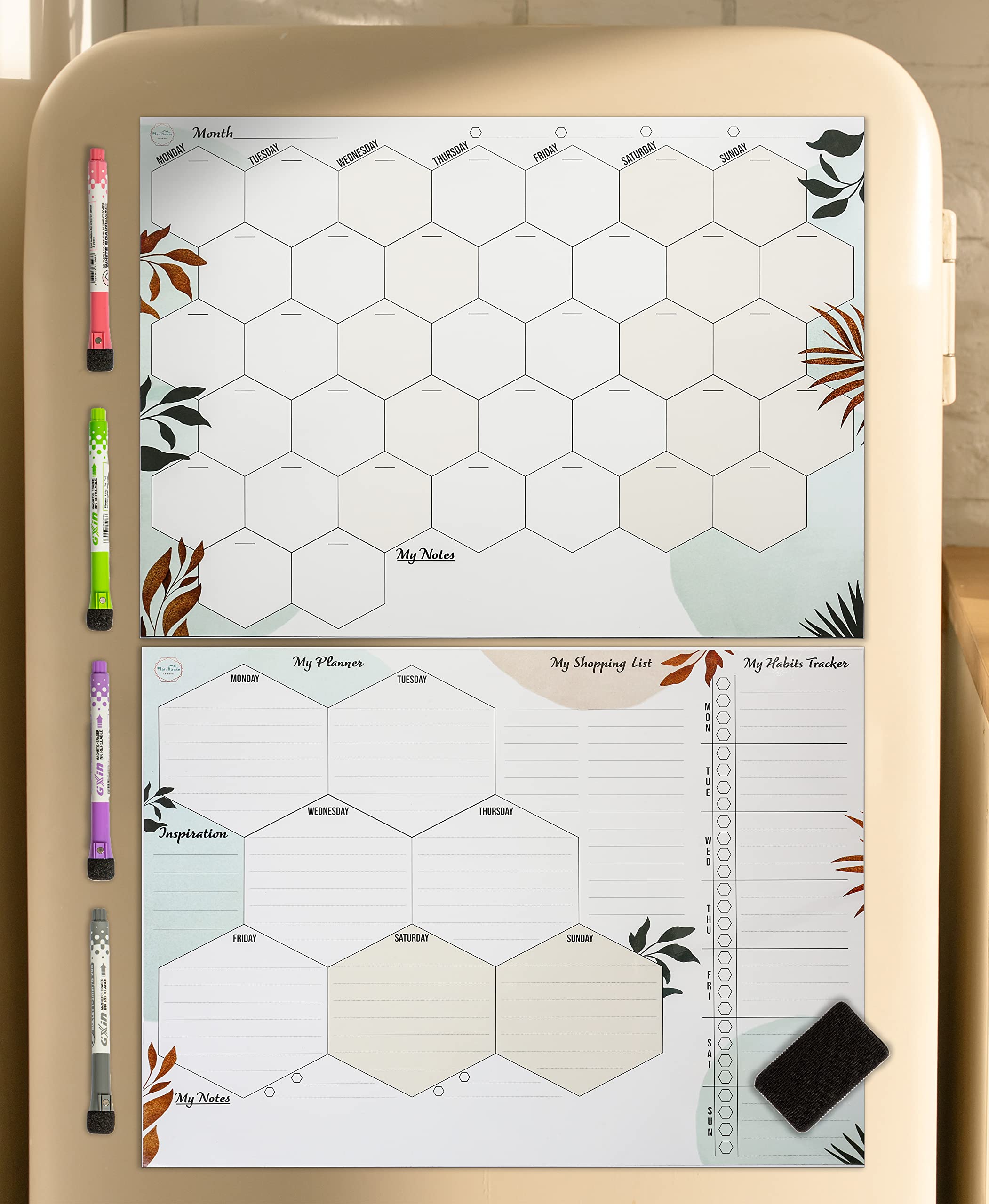 Plan House Magnetic Calendar for Fridge - Set of Two Premium A3 Monthly and Weekly Dry Erase Boards - Plan Your Life & Build Good Habits - Ideal for Students and Families!