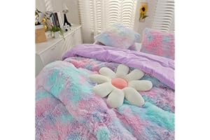 chovy Kids Girls Faux Fur Purple Rainbow Comforter Sets Twin/Full - 3PC Bed Set Soft Warm Comfortable Classical Rabbit Plush Velvet Flannel Fluffy Fuzzy Bedding（Comforter x 1 Pillowcases x 2）