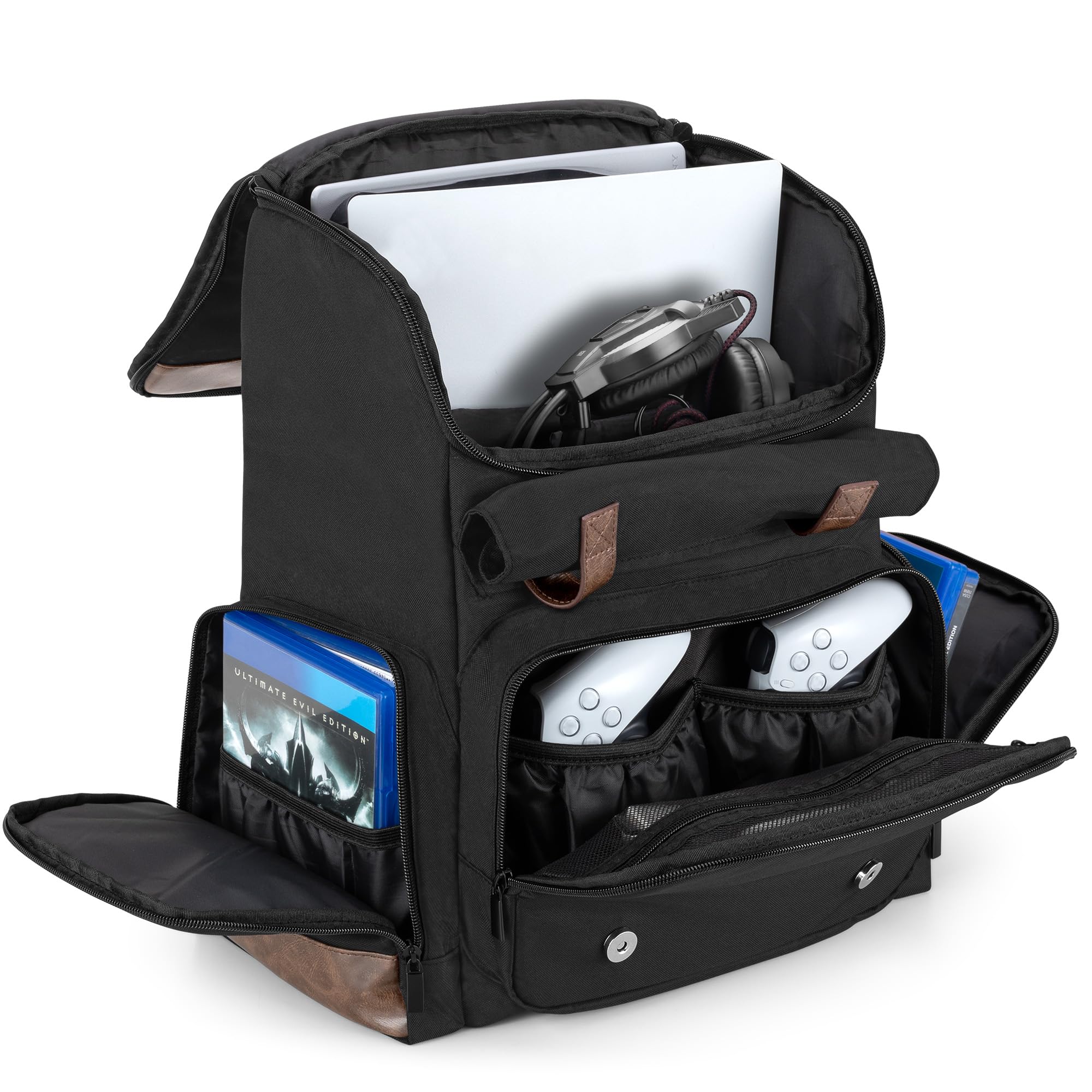 LoDrid Game Backpack Compatible with PS5/PS5 Slim/PS4/PS4 Pro/PS4 Slim/Xbox One X/S, Protective Console Travel Carry Case with Pockets for 15.6" Laptop, Accessories (Patent Design)