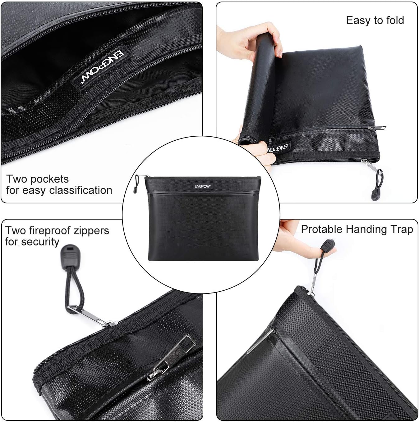 Fireproof Document Bag Two Pockets Two Zippers, ENGPOW Fireproof Safe Bag 13.4”x 10.2” Waterproof and Fireproof Money Bag Money Safe Pouch File Storage for A4 Document Holder, Cash and Tablet : Office Products