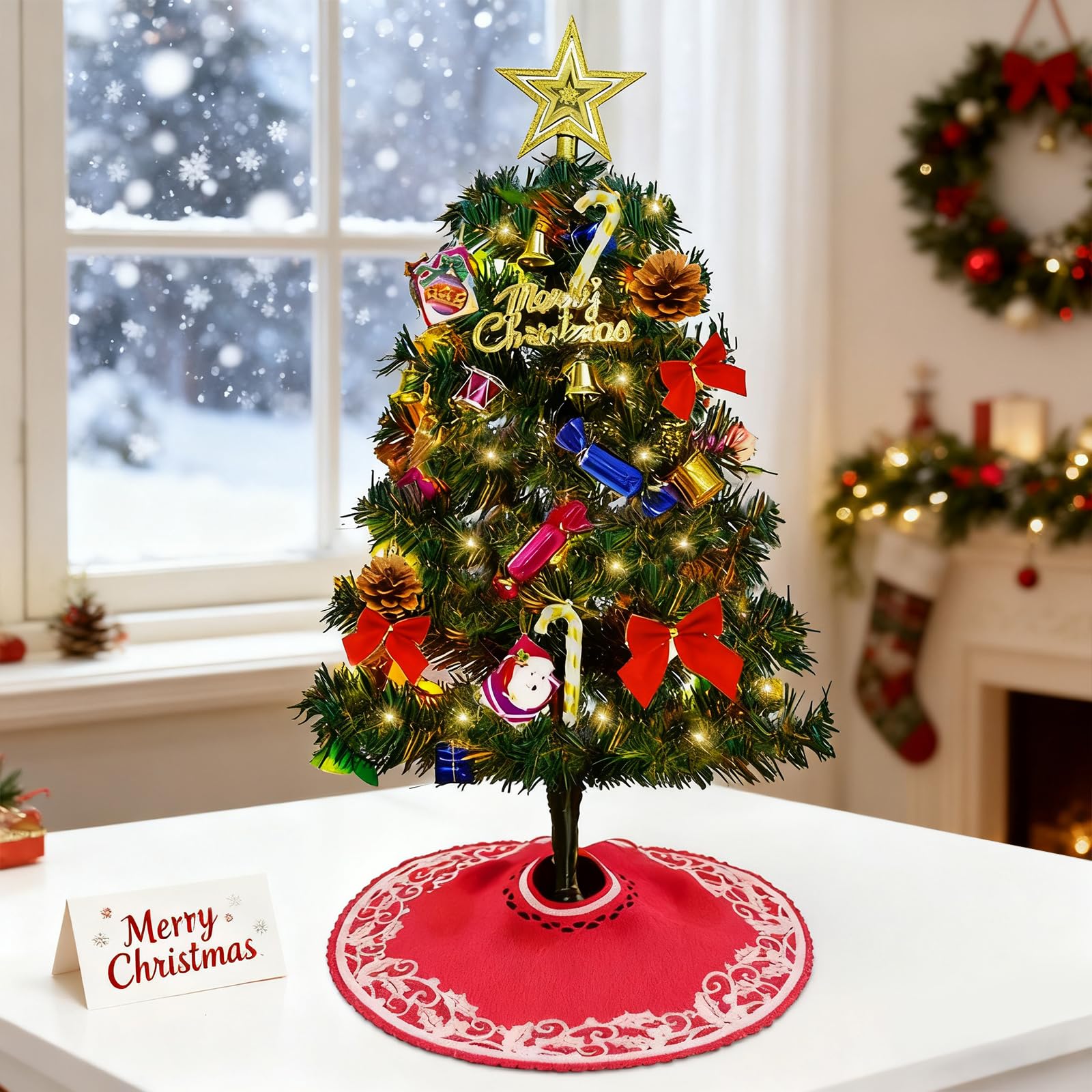 Photo 1 of 20'' LED Table Top Christmas Tree Small Christmas Trees with Lights 23pcs Ornaments Felt Xmas Tree Skirt DIY Holiday Decoration Desktop Christmas Tree for Kids Room Office Gift