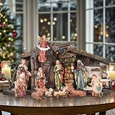 Ultym 20" Lighted Nativity Sets &amp; Figures, 12pcs Large Nativity Set | Wood-Texture Resin Christmas Nativity Scenes, Collectible Individual Figurines, Peace Indoor Home Office Church Holiday Decor