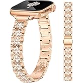 Newlibery Slim Rose Gold Bling Band for Women Compatible with Apple Watch 38mm 40mm 41mm 42mm (S10/11) Jewelry Replacement Sparkly Diamond Metal Thin Strap for iWatch Series 11/10/9/8/7/6/5/4/3/2/1/SE