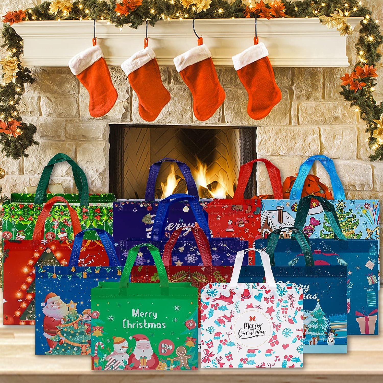 Heetobcos 12 Pack Christmas Gift Bags Large Reusable Tote Bags, Non-Wove Bags for New Year's Shopping, Christmas Surprise, Xmas Party Supplies,12.8