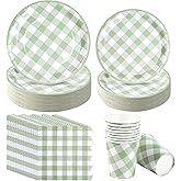 350 Pcs Sage Green Gingham Plates and Napkins Set, Sage Gingham Party Supplies with Paper Plates Napkins Cups Plastic Spoons Forks Knives for Wedding Picnic Baby Shower Decorations