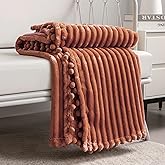 DISSA Fleece Blanket Throw Size – 51x63, Caramel – Soft, Plush, Fluffy, Fuzzy, Warm, Cozy – Perfect Throw for Couch, Bed, Sofa - with Pompom Fringe - Flannel Blanket Throw Blanket