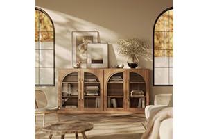 BELLEZE 65" Arched Sideboard with Glass Door, Accent Buffet Cabinet with Storage and Adjustable Shelves, Classic Modern Large Console Table for Dining Room Living Room Entryway (Camel)
