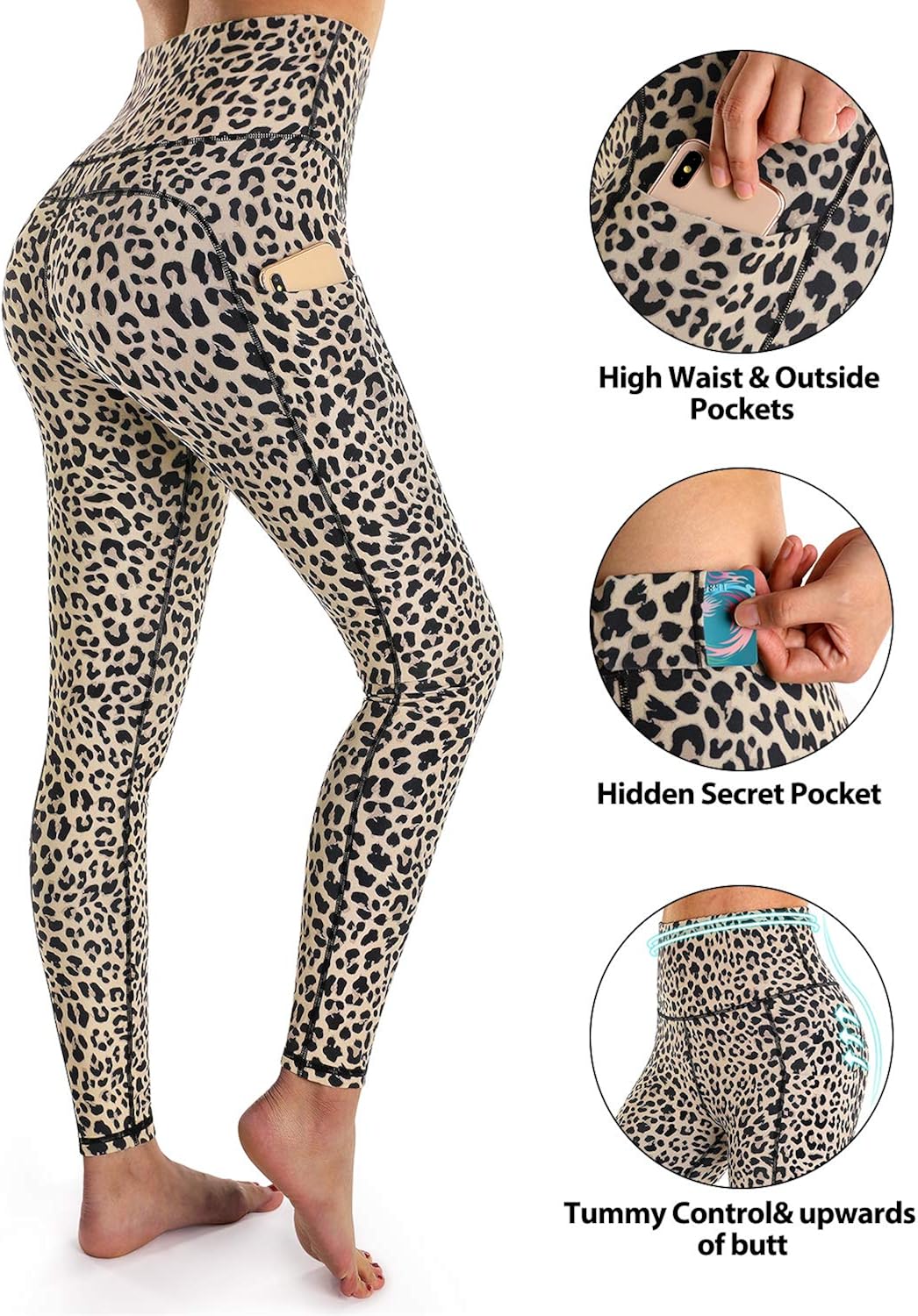 OUGES Womens High Waist Pockets Yoga Pants Running Pants Workout Leggings: Clothing