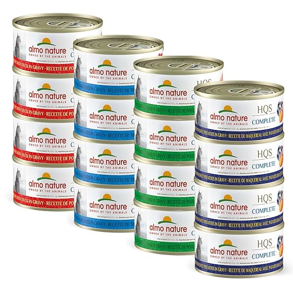 ALMO NATURE: HQS COMPLETE CAT VARIETY PACK 1 – (12) 2.47OZ CANS – 3 EACH: CHICKEN-DUCK, TUNA-SARDINES, CHICKEN-GREEN BEANS, MACKEREL-SWEET POTATOES
