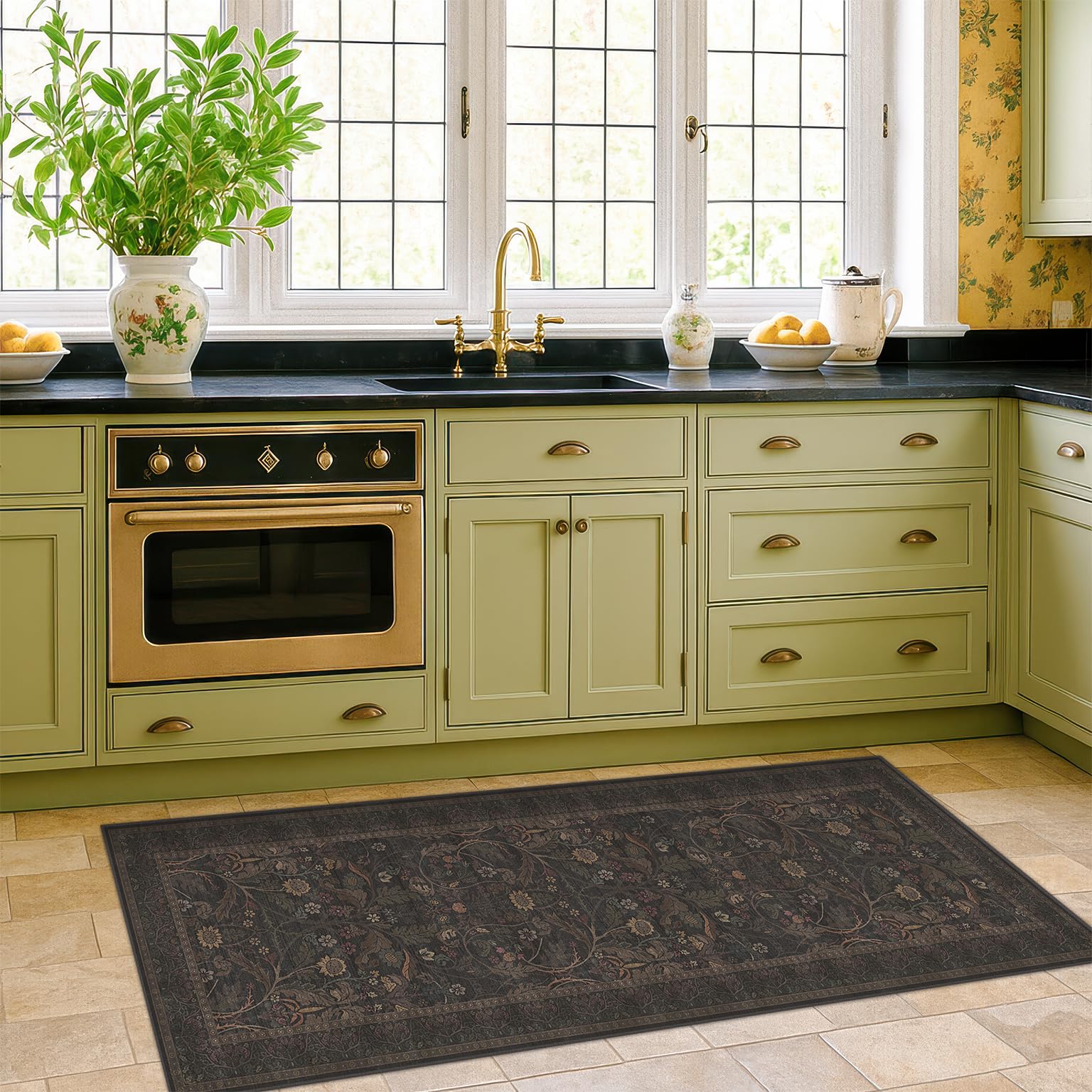 Photo 1 of 2x5 Small Runner Rug for Kitchen - Non Slip Brown Throw Rugs for Entryway, Laundry, Bathroom, Southwestren Floral Cabin Bedroom, Hallway Thin Stain Resistant Carpet