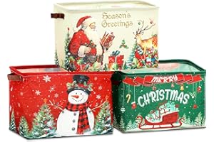 Capoda 3 Pack Vintage Christmas Storage Bin Large Collapsible Christmas Storage Baskets with Handles Canvas Xmas Organizer for Holiday Office Home Clothes Ornaments Gift Book Organization (Retro)