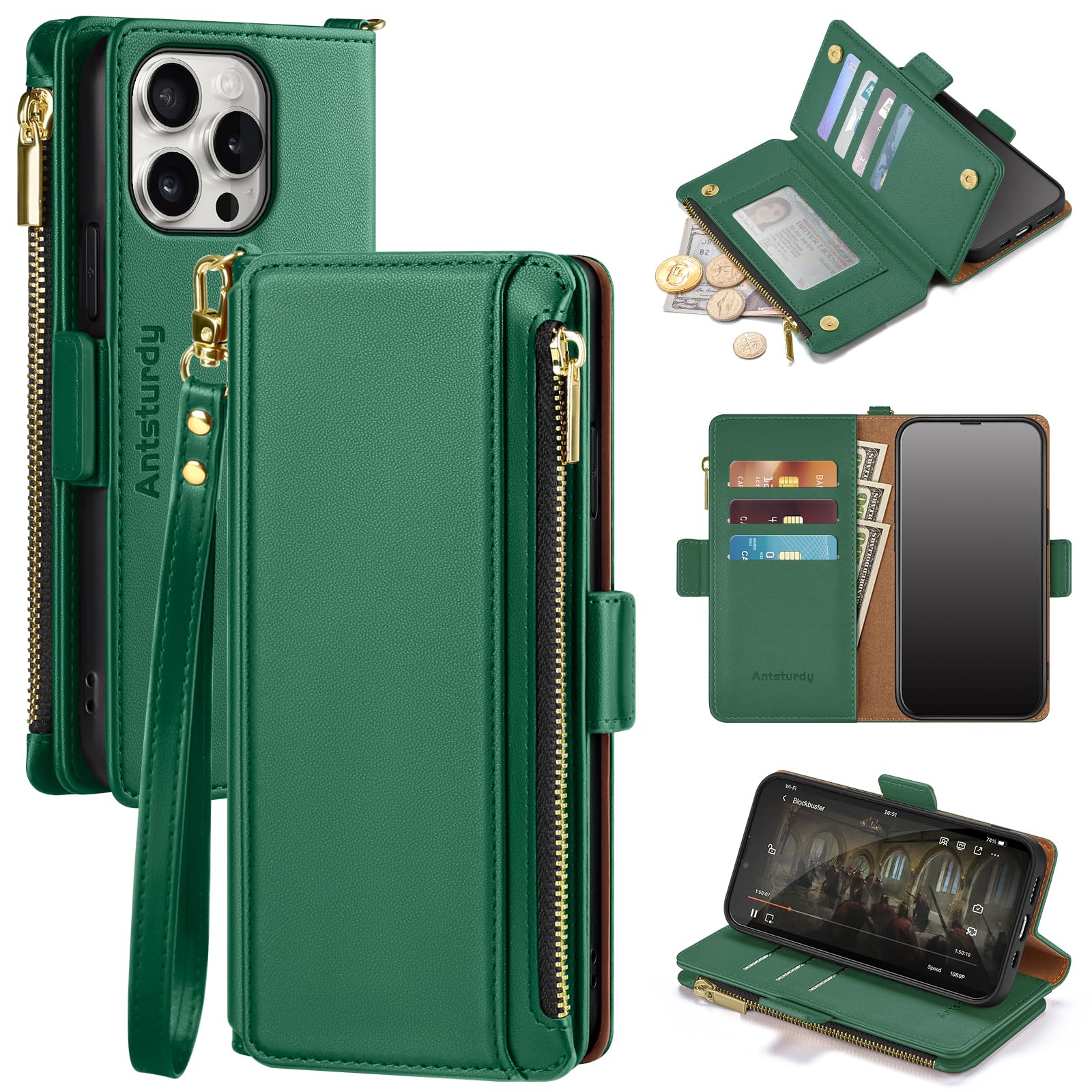 Antsturdy Compatible with iPhone 16 Pro Max Wallet Case,RFID Blocking PU Leather Phone Case Women Men Kickstand flip Cover Wrist Strap Zipper Credit Card Holder Slots for Apple 16 ProMax,Green
