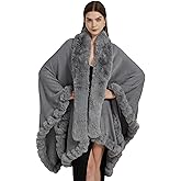 Tngan Faux Fox Fur Trim Cardigan Cloak Shawl Wraps Winter Poncho Oversized Cape
