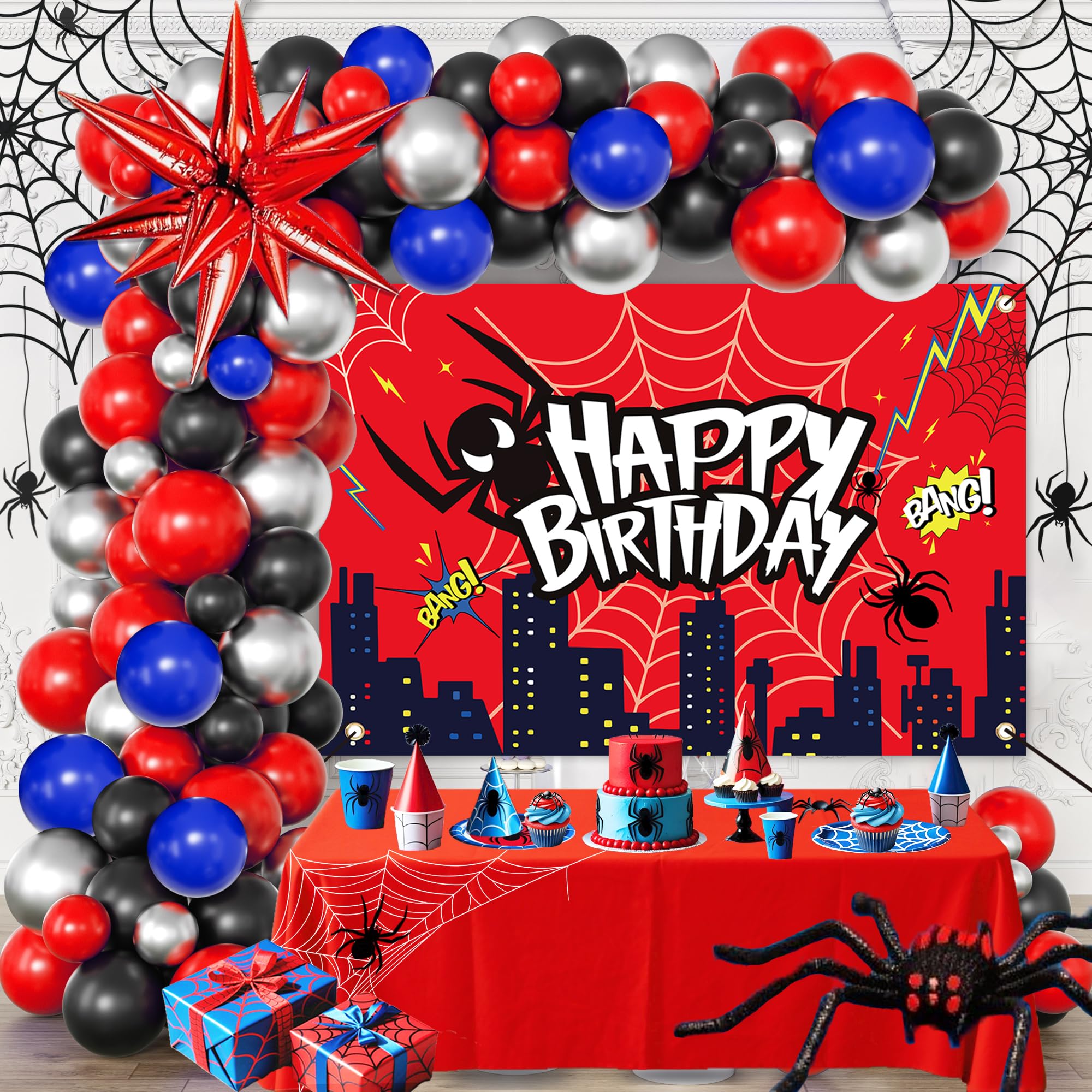 Photo 1 of (incomplete) Red Theme Borthday Party Decorations Kit -Red Blue Black Latex Balloons Arch Garland with Web Backdrop for Boys Girls Kids