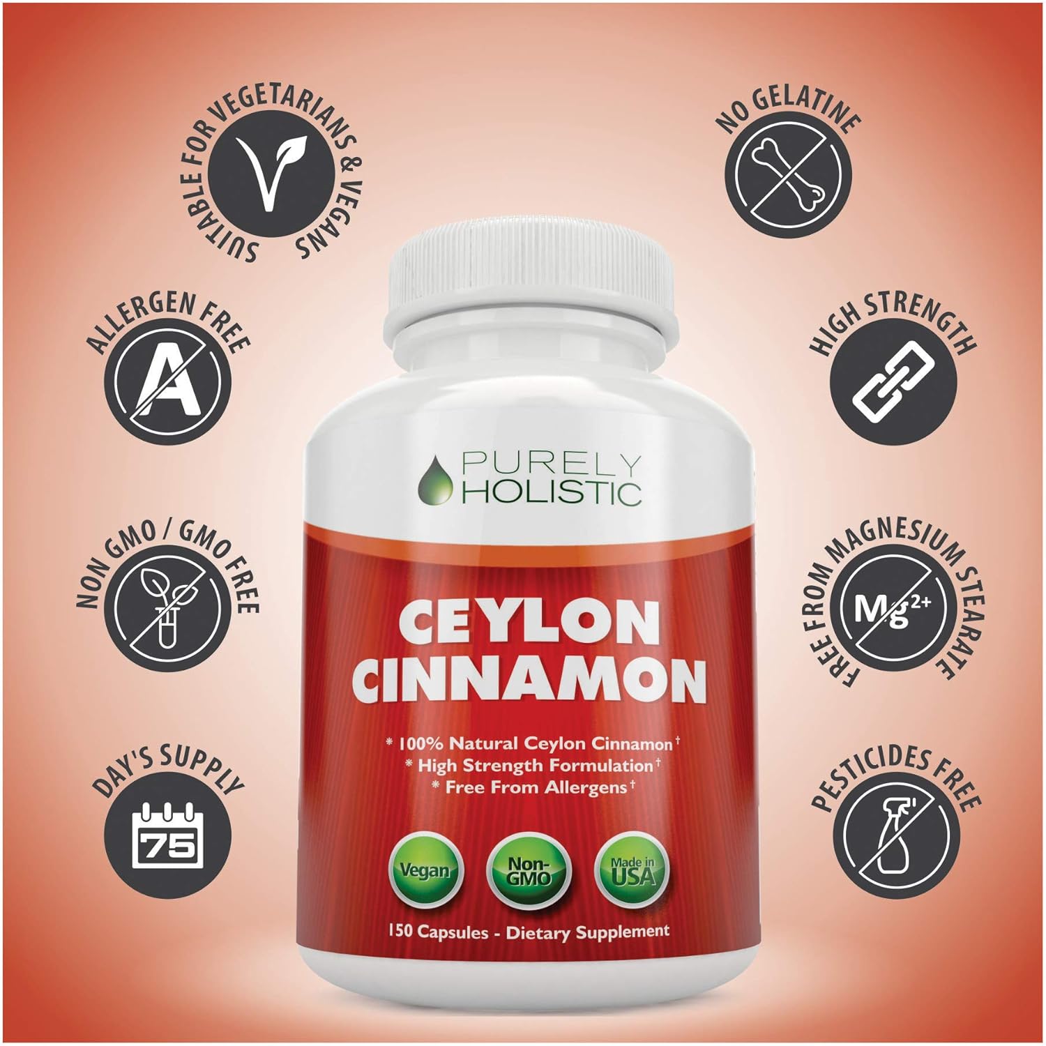 Ceylon Cinnamon Capsules 1500mg 150 Cinnamon Capsules Vegetarian & Vegan - 75 Day Supply (25% More) True Sri Lanka Ceylon Cinnamon Supplement Joint Support Blood Sugar Level Support: Health & Personal Care