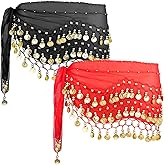 COSICS 2PCS Belly Dance Hip Scarf, Women's Chiffon Belly Dancing Skirt with Sequin Coins for Bellydance, Zumba, Costume,Yoga